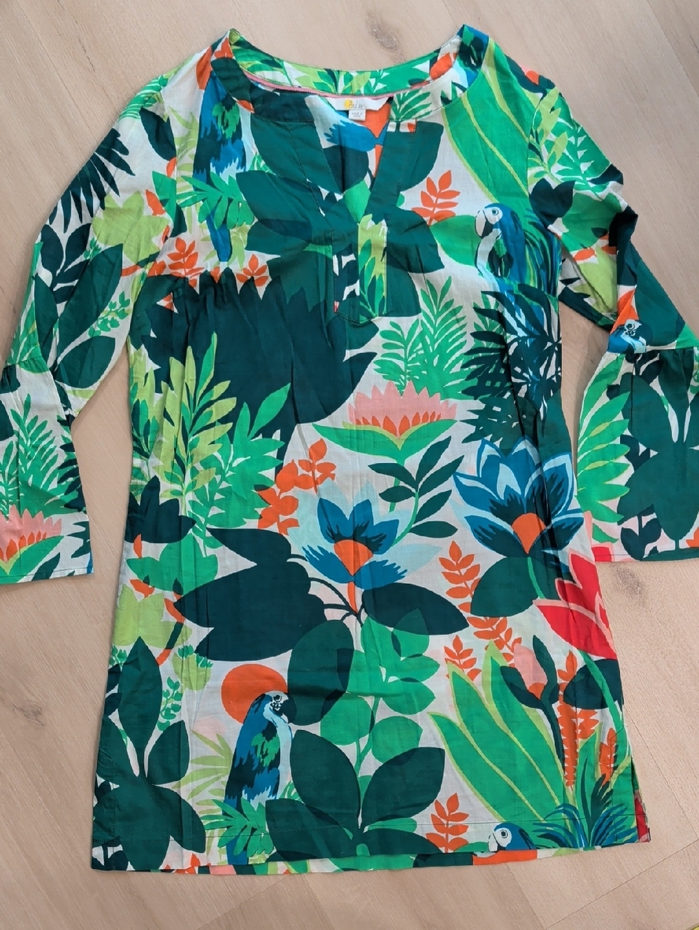 Boden Tropical Green Print Tunic Bell Sleeve Beach Pool Swim Cover Up 4R